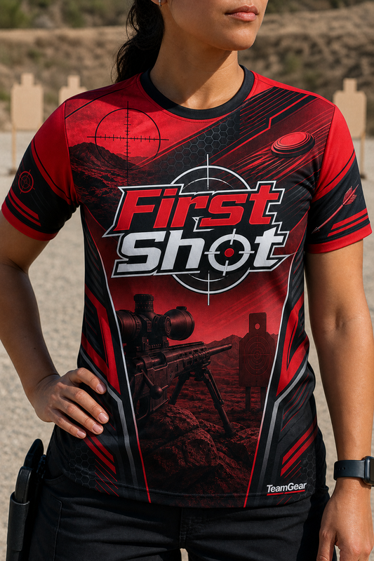 First Shot Red Shooting Jersey — custom shooting jersey worn on model — TeamGear Canada