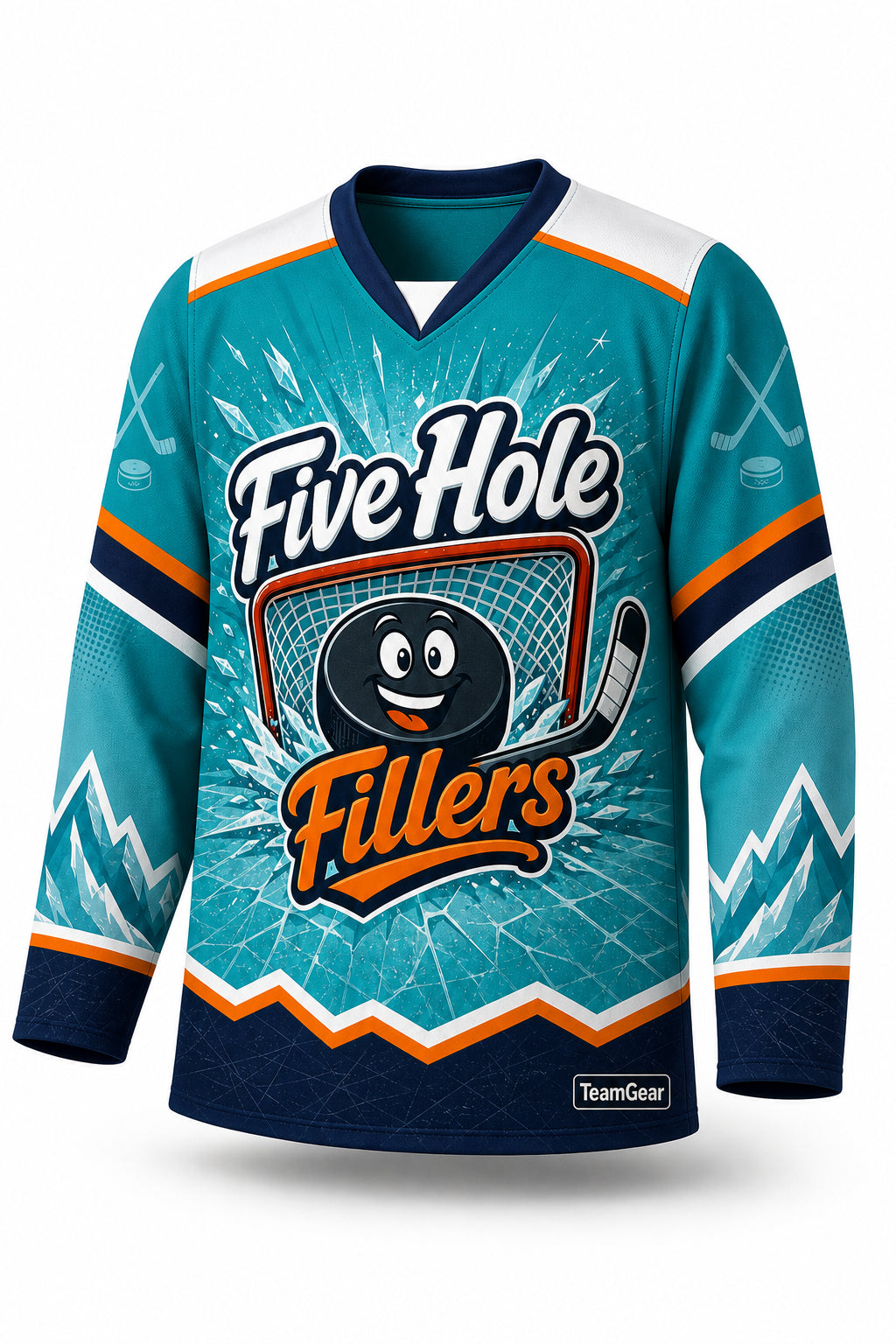 Five Hole Fillers Teal Hockey Jersey - front and back view