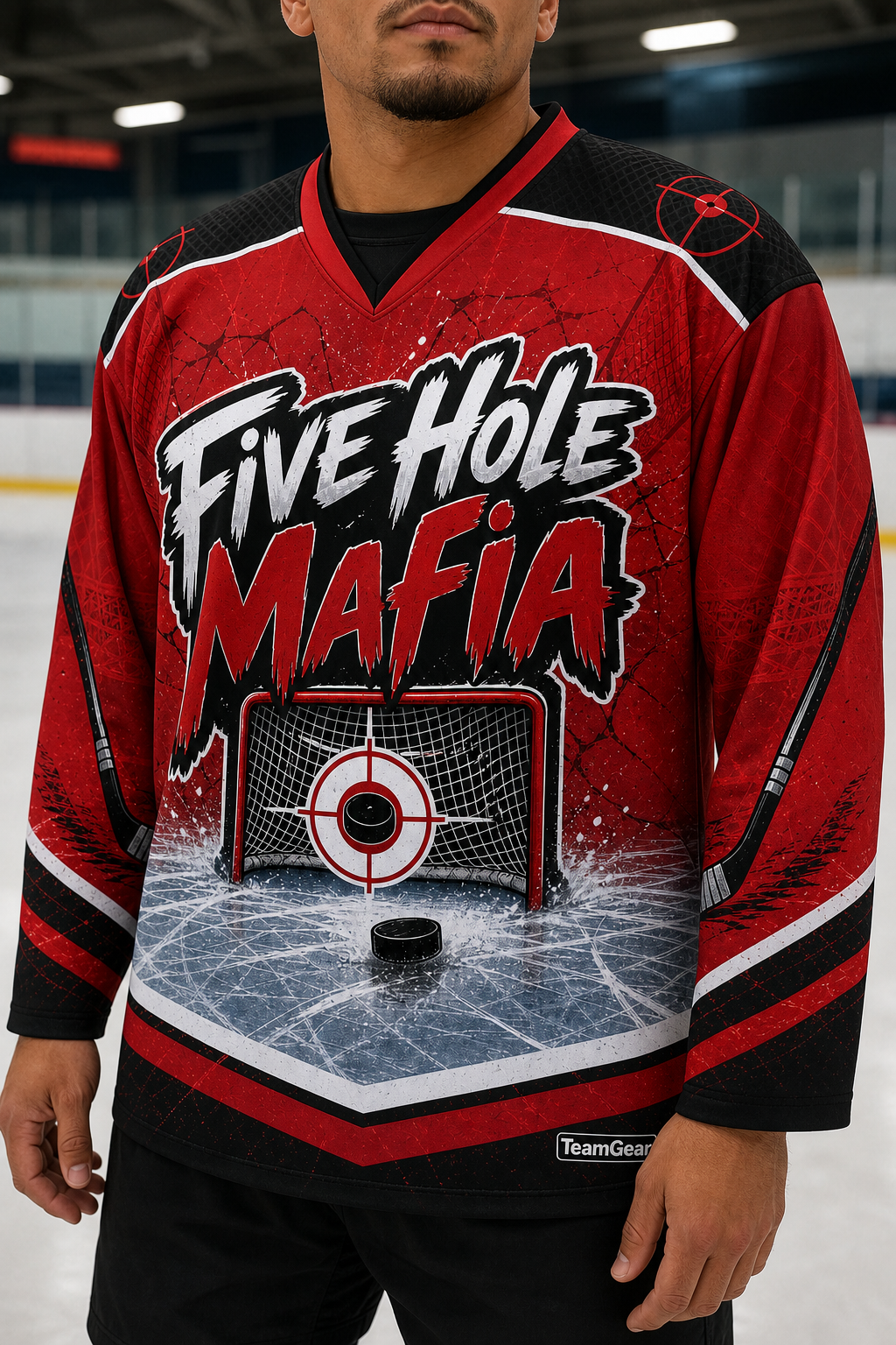 Five Hole Mafia Crimson Hockey Jersey — custom hockey jersey worn on model — TeamGear Canada