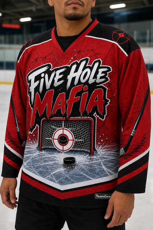 Five Hole Mafia Crimson Hockey Jersey — custom hockey jersey worn on model — TeamGear Canada