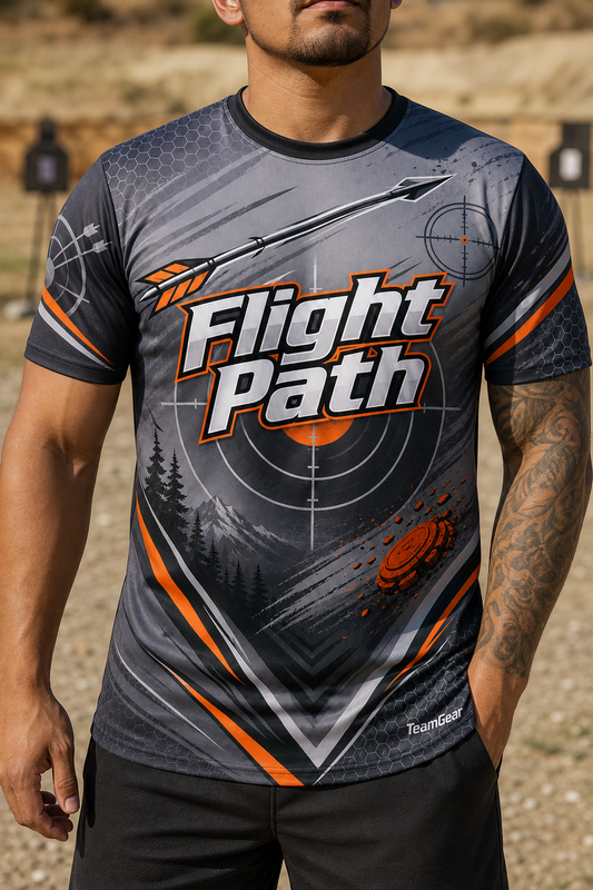 Flight Path Grey Shooting Jersey — custom shooting jersey worn on model — TeamGear Canada