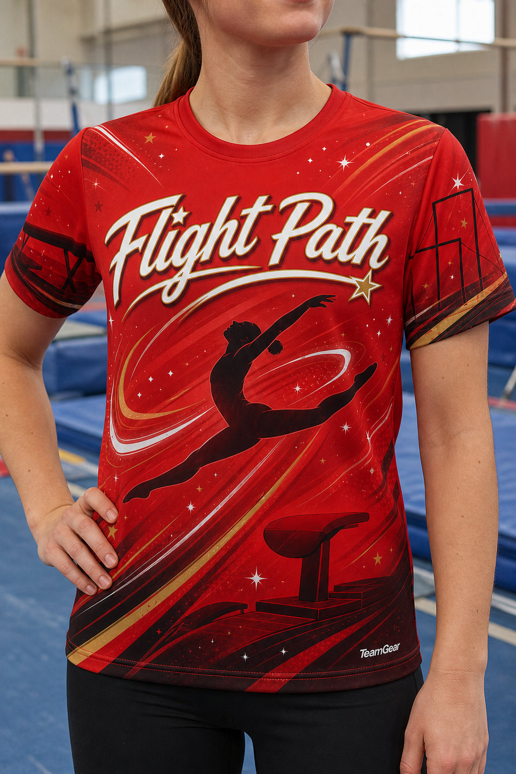 Flight Path Red Gymnastics Jersey — custom gymnastics jersey worn on model — TeamGear Canada