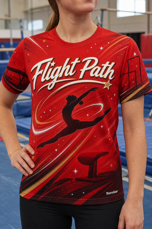 Flight Path Red Gymnastics Jersey — custom gymnastics jersey worn on model — TeamGear Canada