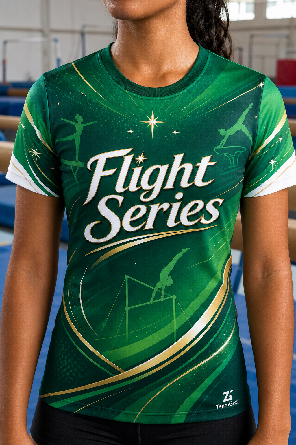 Flight Series Green Gymnastics Jersey — custom gymnastics jersey worn on model — TeamGear Canada