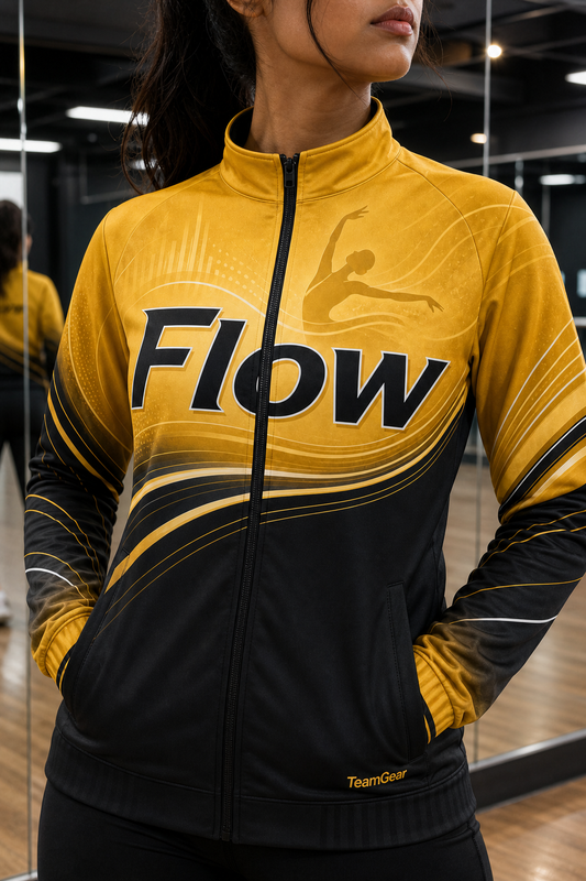 Flow Gold Dance Jacket — custom dance jacket worn on model — TeamGear Canada