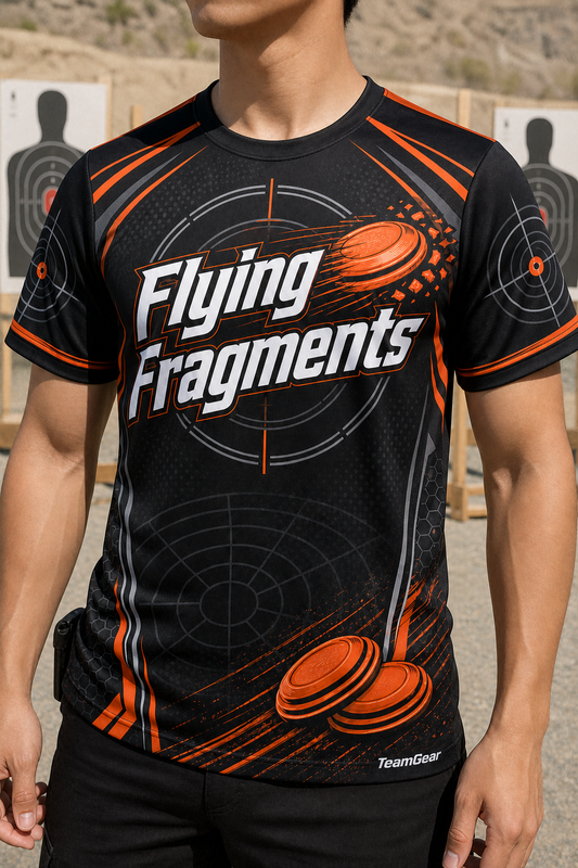 Flying Fragments Black Shooting Jersey — custom shooting jersey worn on model — TeamGear Canada