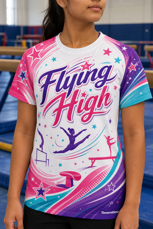 Flying High White Gymnastics Jersey — custom gymnastics jersey worn on model — TeamGear Canada