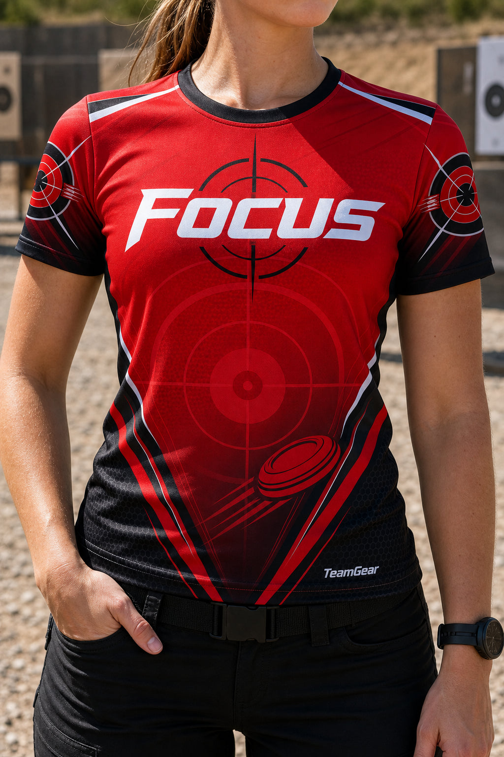 Focus Red Shooting Jersey — custom shooting jersey worn on model — TeamGear Canada