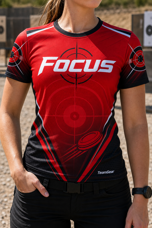 Focus Red Shooting Jersey — custom shooting jersey worn on model — TeamGear Canada