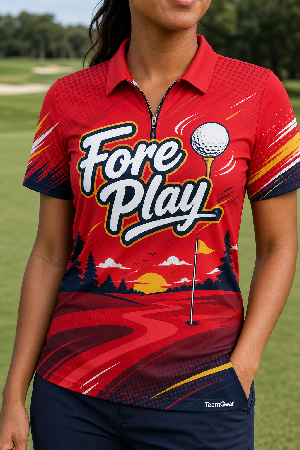 Fore Play Red Golf Polo — custom golf team apparel worn on model — TeamGear Canada