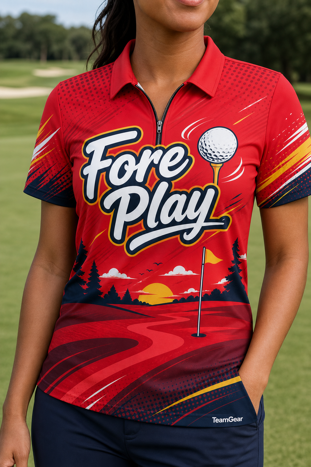 Fore Play Red Golf Polo — custom golf team apparel worn on model — TeamGear Canada