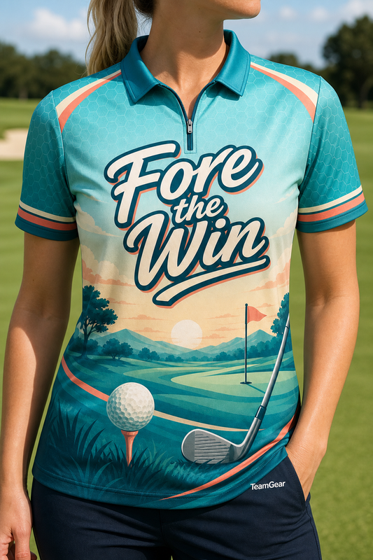 Fore the Win Teal Golf Polo — custom golf team apparel worn on model — TeamGear Canada