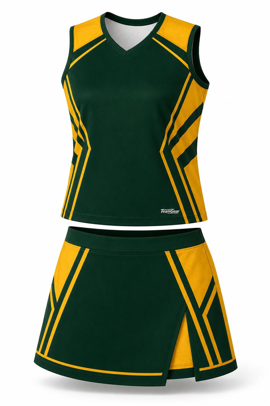 Forest Green and Gold Cheerleading Uniform - front and back view