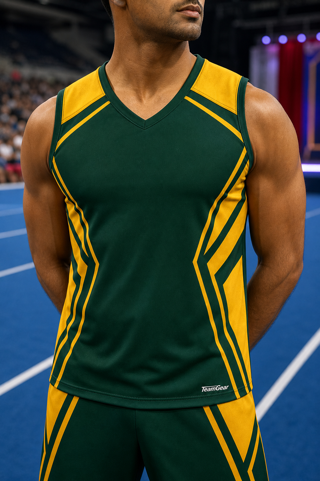 Forest Green and Gold Cheerleading Uniform — custom cheerleading team apparel worn on model — TeamGear Canada