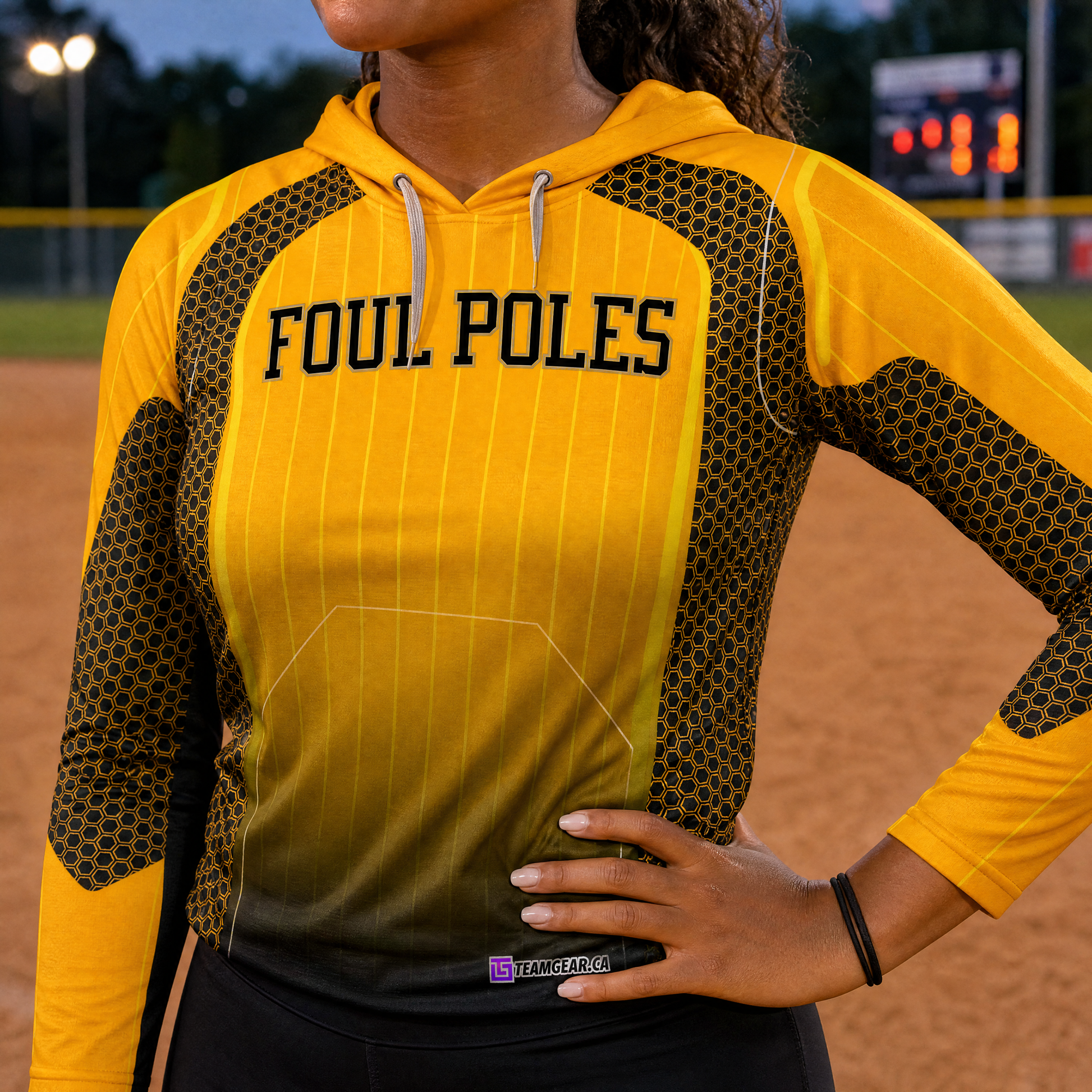 Foul Poles Yellow Softball Hoodie — custom softball hoodie worn on model — TeamGear Canada