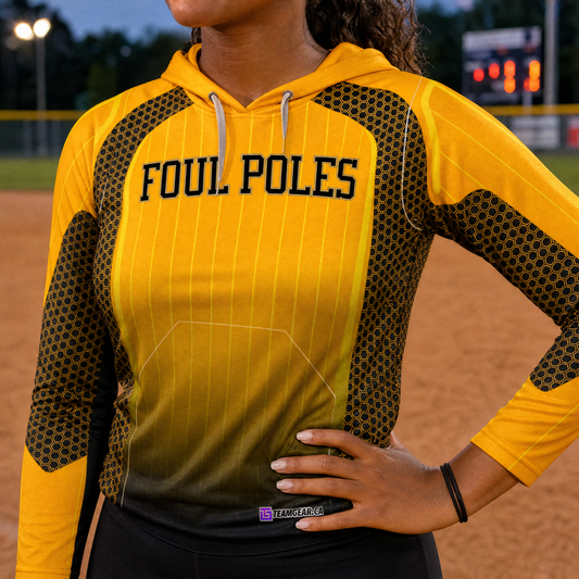 Foul Poles Yellow Softball Hoodie — custom softball hoodie worn on model — TeamGear Canada