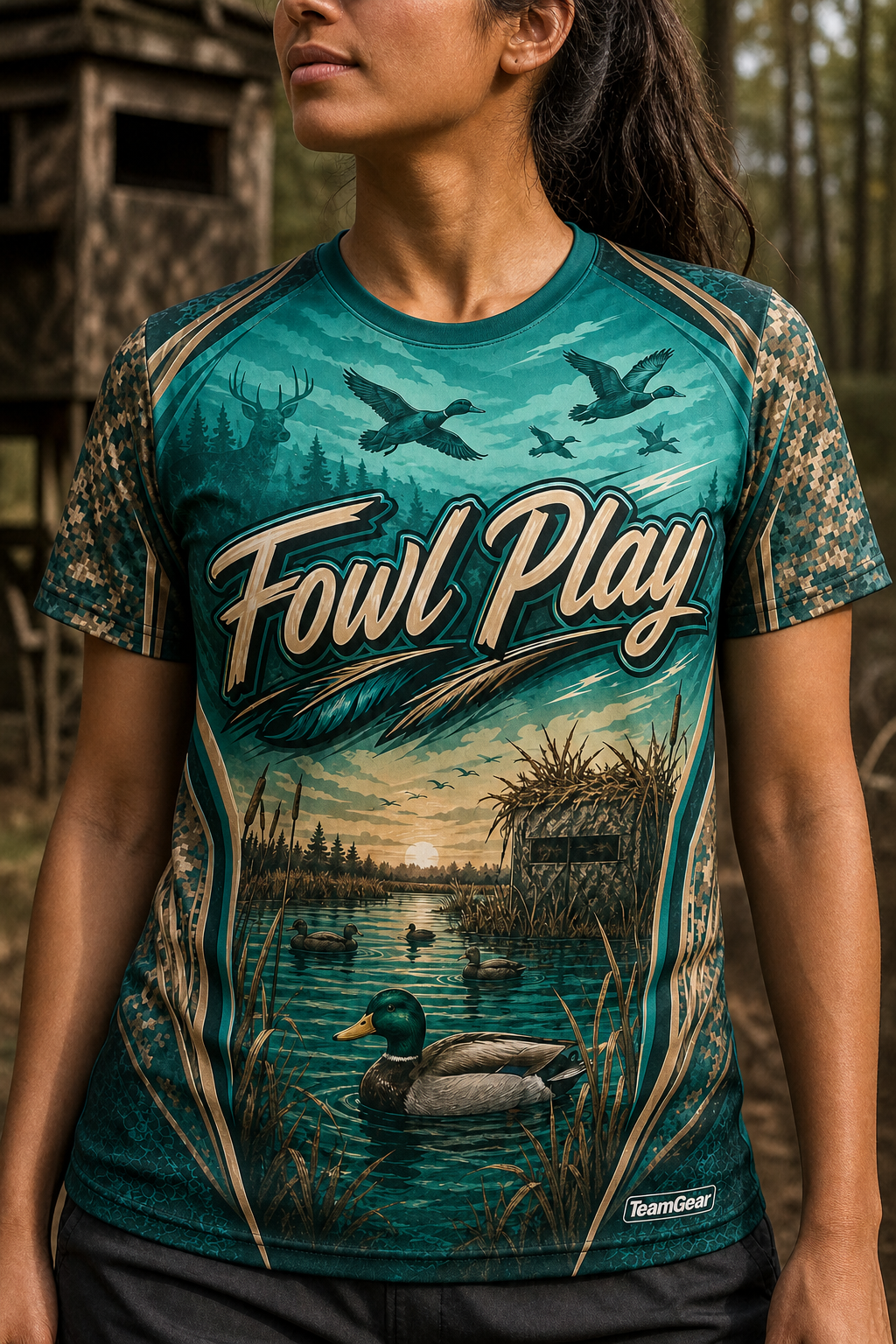 Fowl Play Teal Hunting Jersey — custom hunting jersey worn on model — TeamGear Canada