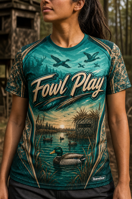 Fowl Play Teal Hunting Jersey — custom hunting jersey worn on model — TeamGear Canada