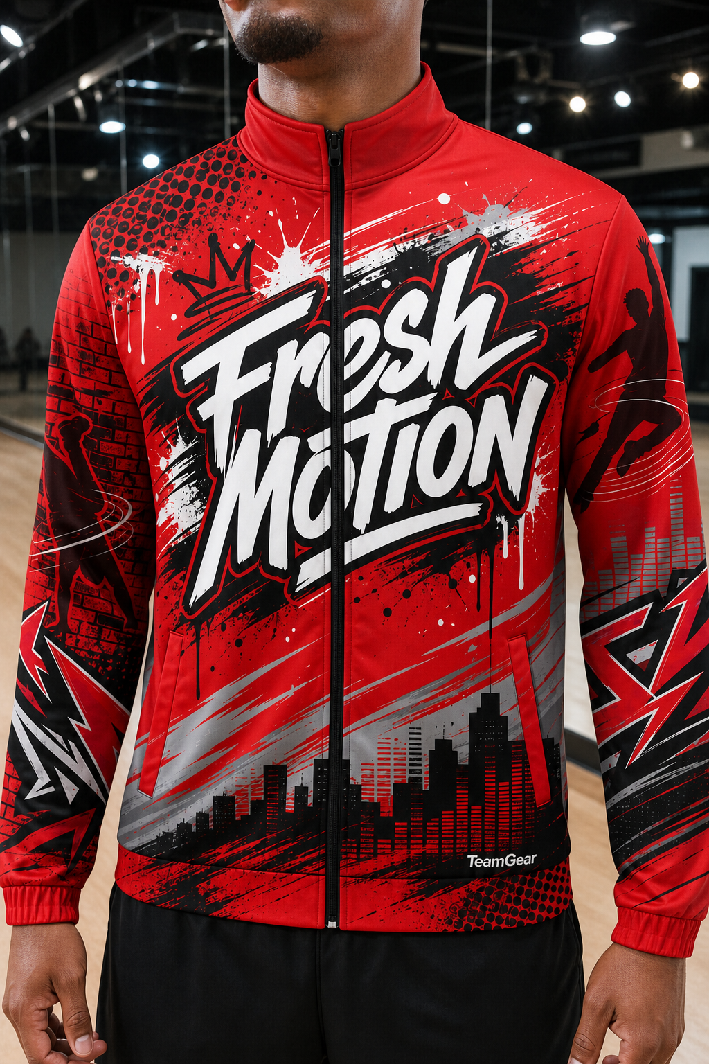 Fresh Motion Red Dance Jacket — custom dance jacket worn on model — TeamGear Canada