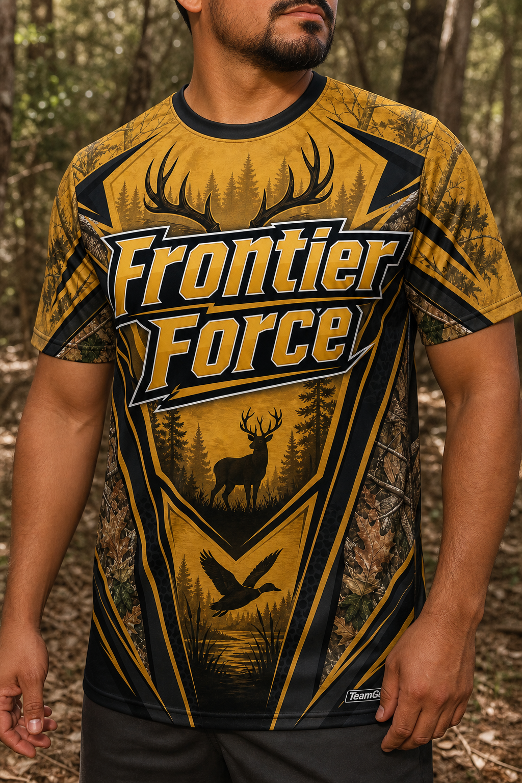 Frontier Force Gold Hunting Jersey — custom hunting jersey worn on model — TeamGear Canada