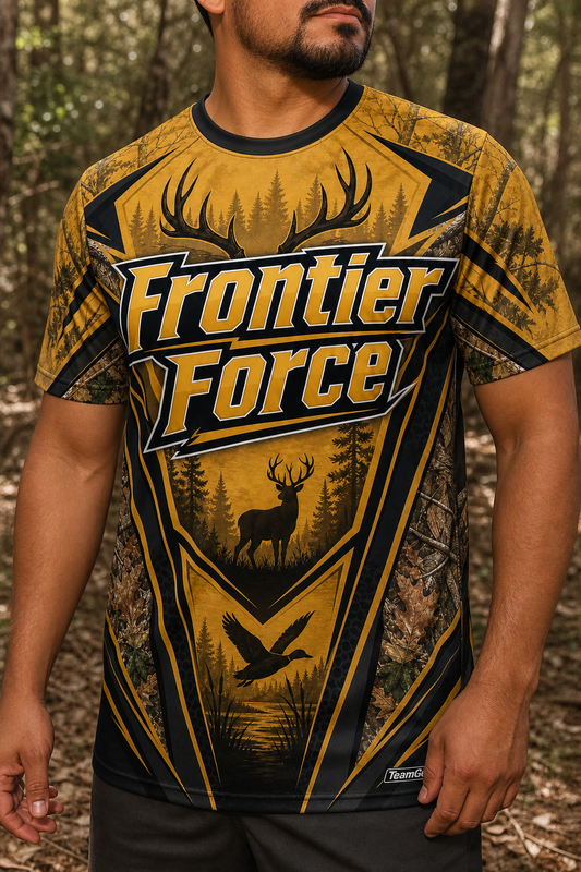 Frontier Force Gold Hunting Jersey — custom hunting jersey worn on model — TeamGear Canada