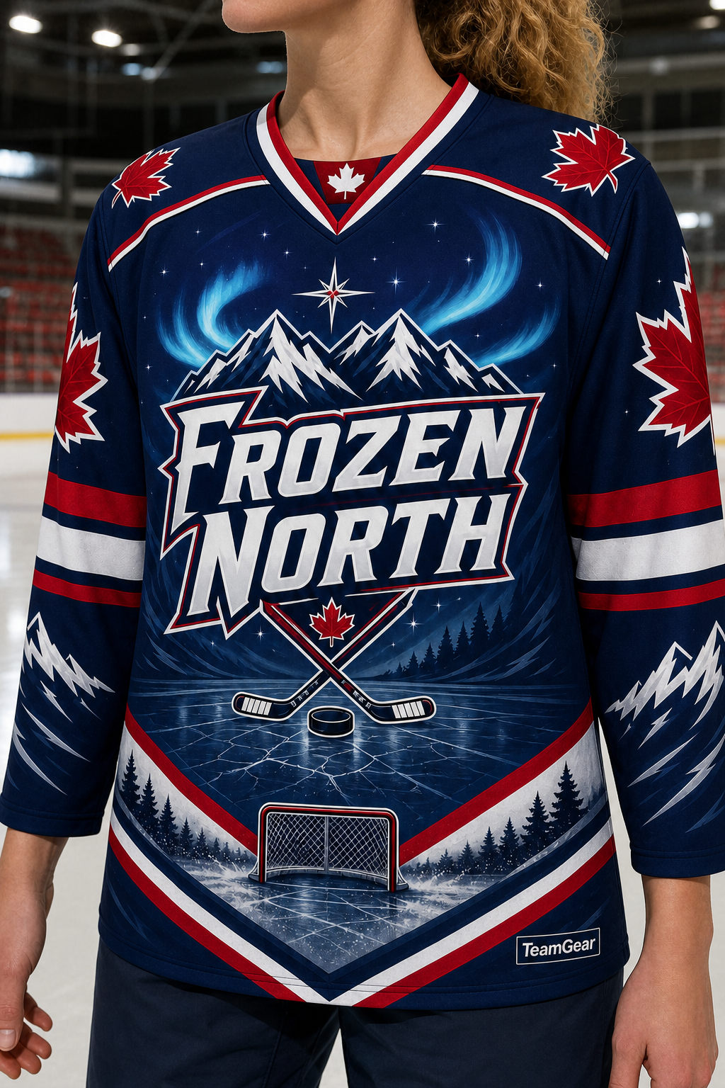 Frozen North Navy Hockey Jersey — custom hockey jersey worn on model — TeamGear Canada