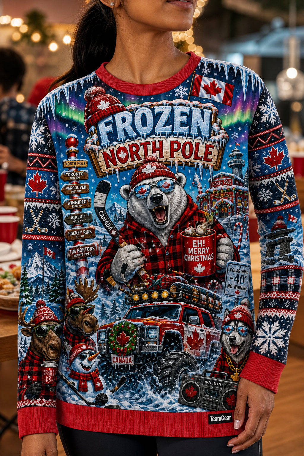 Frozen North Pole Ugly Christmas Sweater — custom christmas team apparel worn on model — TeamGear Canada