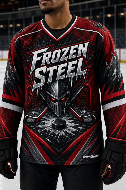 Frozen Steel Red Hockey Jersey — custom hockey jersey worn on model — TeamGear Canada