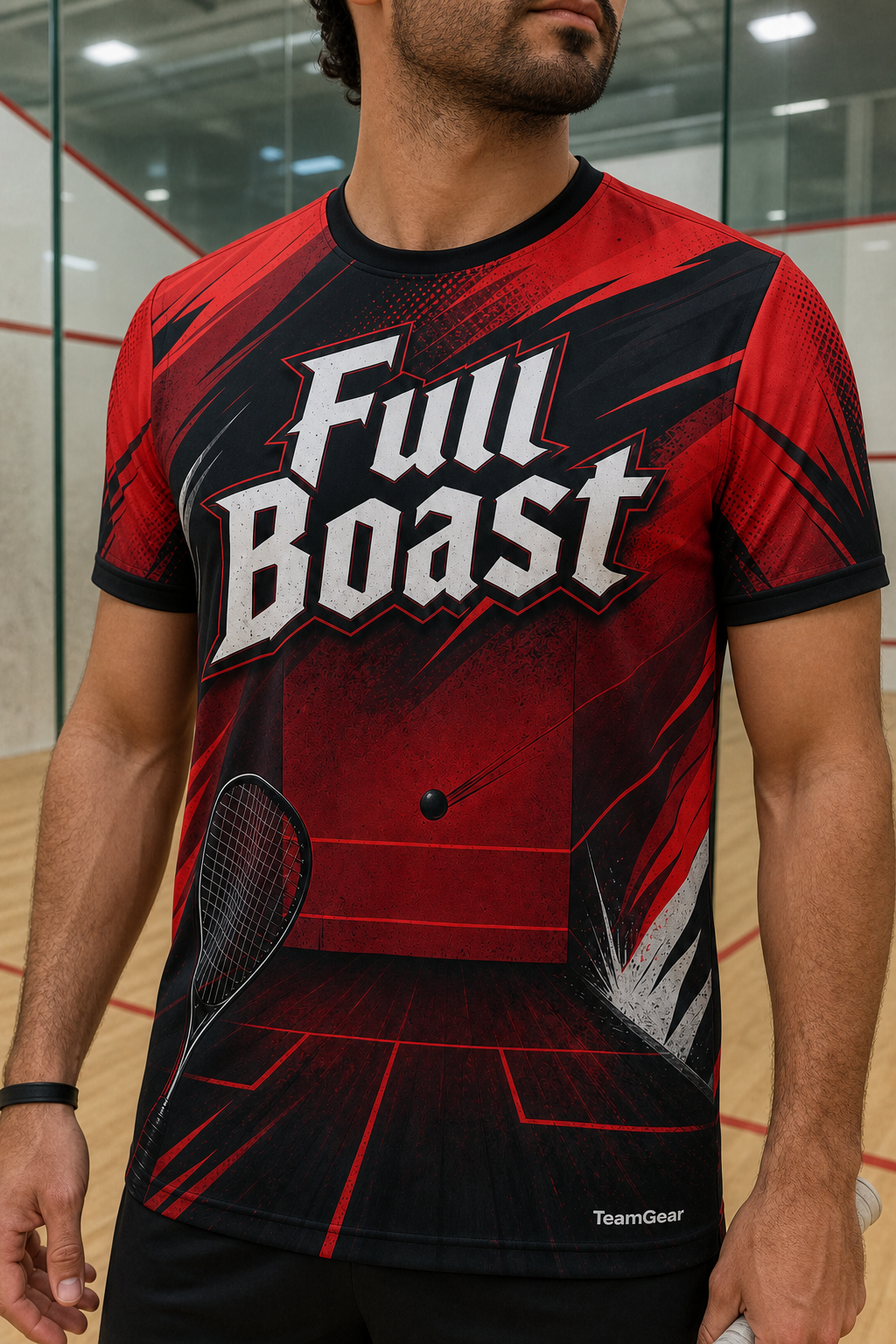 Full Boast Red Squash Jersey — custom squash jersey worn on model — TeamGear Canada