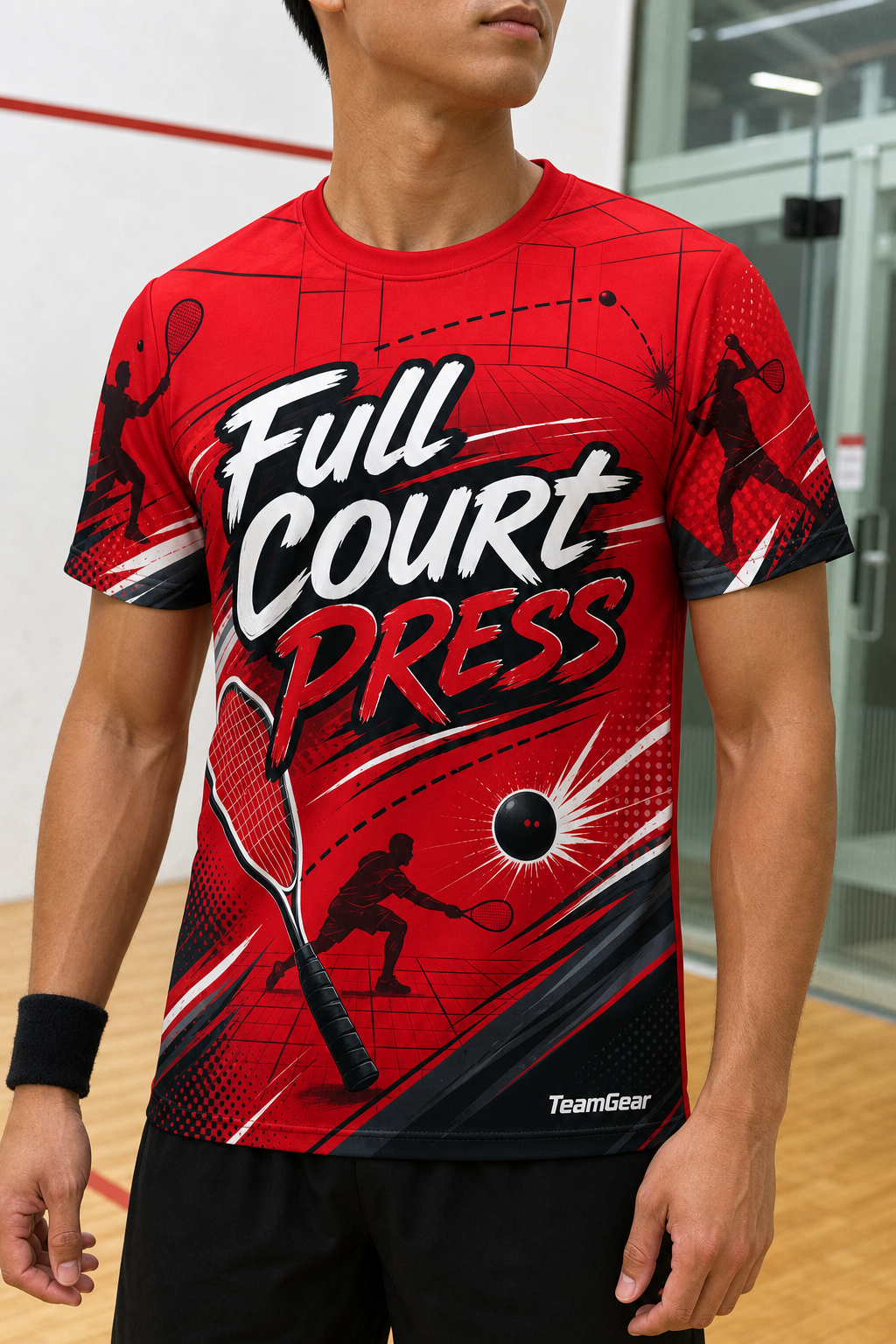 Full Court Press Red Racquetball Jersey — custom racquetball jersey worn on model — TeamGear Canada