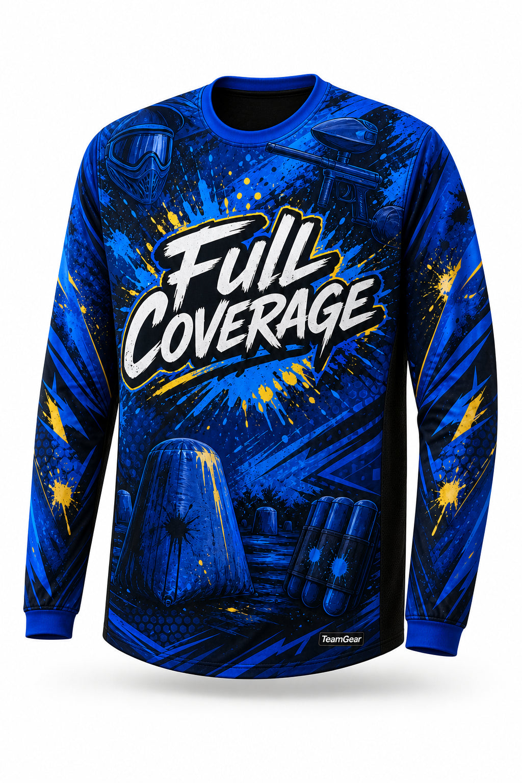 Full Coverage Blue Long Sleeve Paintball Jersey - front and back view