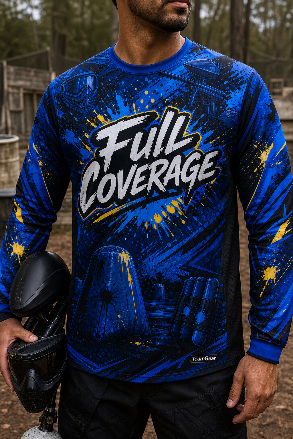 Full Coverage Blue Long Sleeve Paintball Jersey — custom paintball jersey worn on model — TeamGear Canada