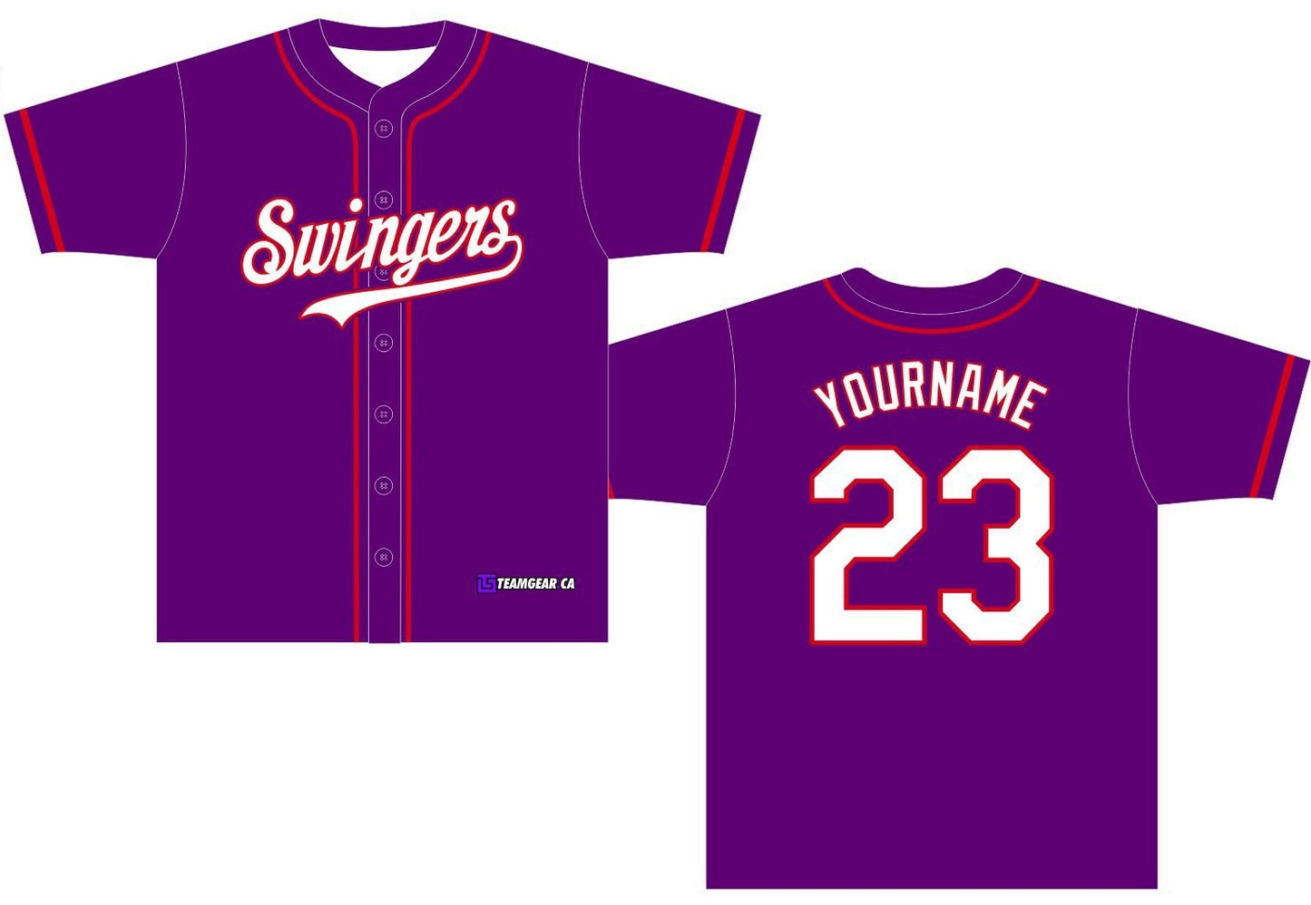 purple Swingers baseball jerseys with red piping