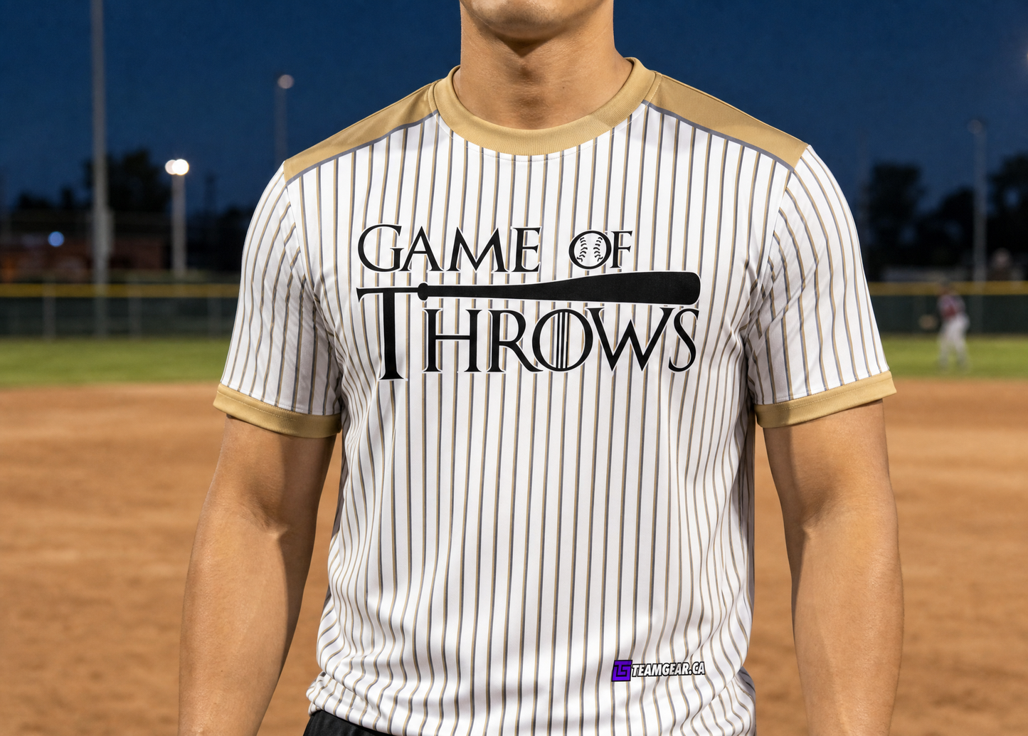 Game of Throws White Pinstripe Softball Jersey — custom softball jersey worn on model — TeamGear Canada
