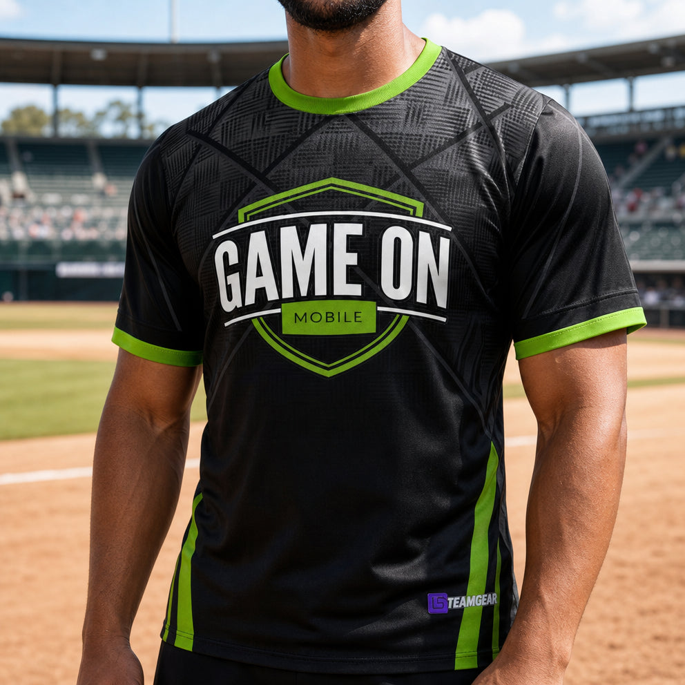Game On Mobile Fully Sublimated Softball, Baseball and Slo-Pitch Jersey — custom baseball jersey worn on model — TeamGear Canada