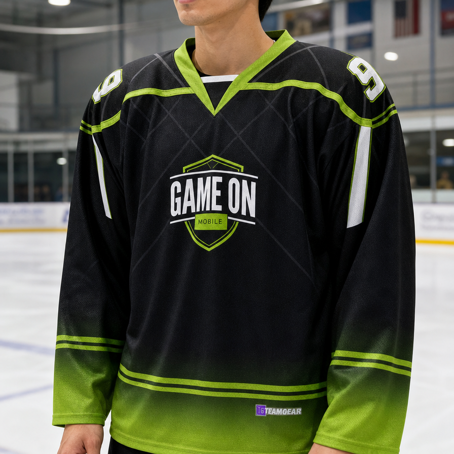 Game On Mobile Hockey Jersey — custom hockey jersey worn on model — TeamGear Canada