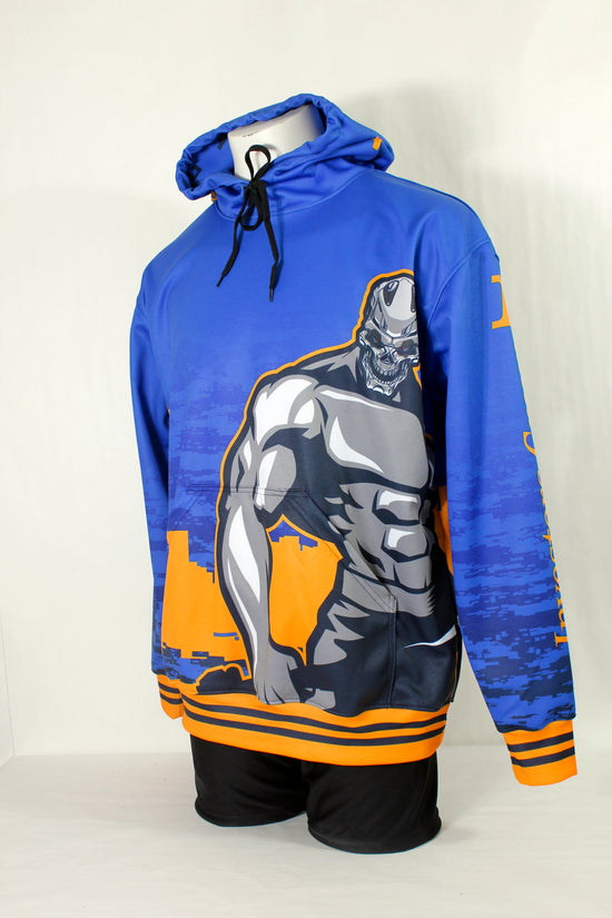 custom hoodie sweater with front pouch and sleeve cuffs, made in Canada