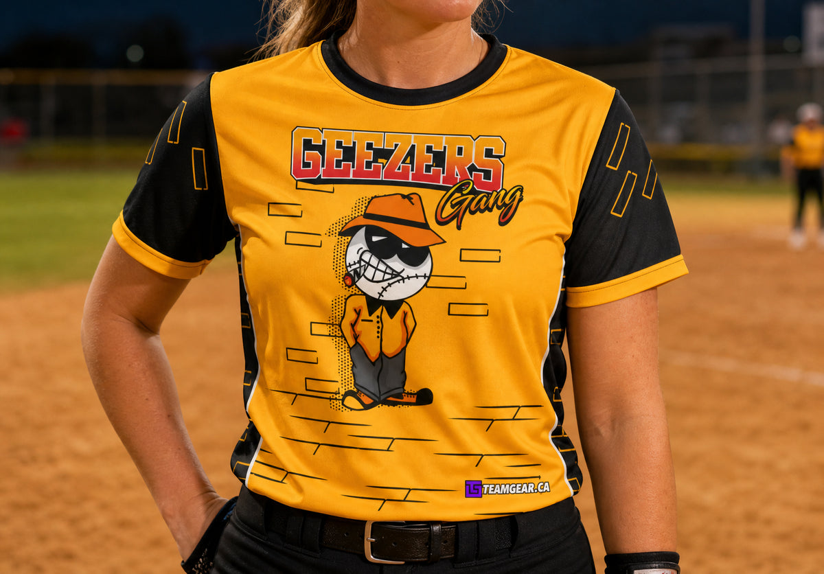 Geezers Gang Softball Jersey — custom softball jersey worn on model — TeamGear Canada