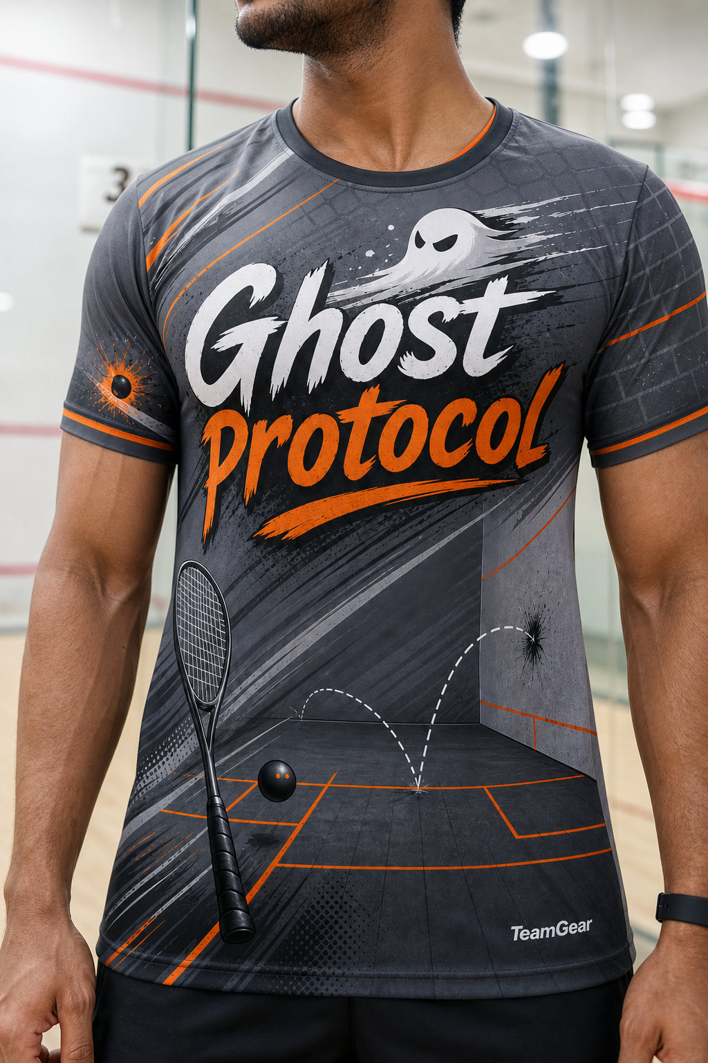Ghost Protocol Grey Squash Jersey — custom squash jersey worn on model — TeamGear Canada
