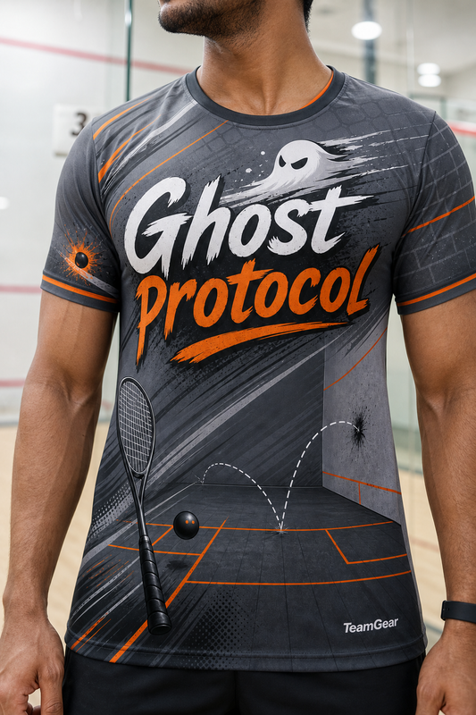 Ghost Protocol Grey Squash Jersey — custom squash jersey worn on model — TeamGear Canada