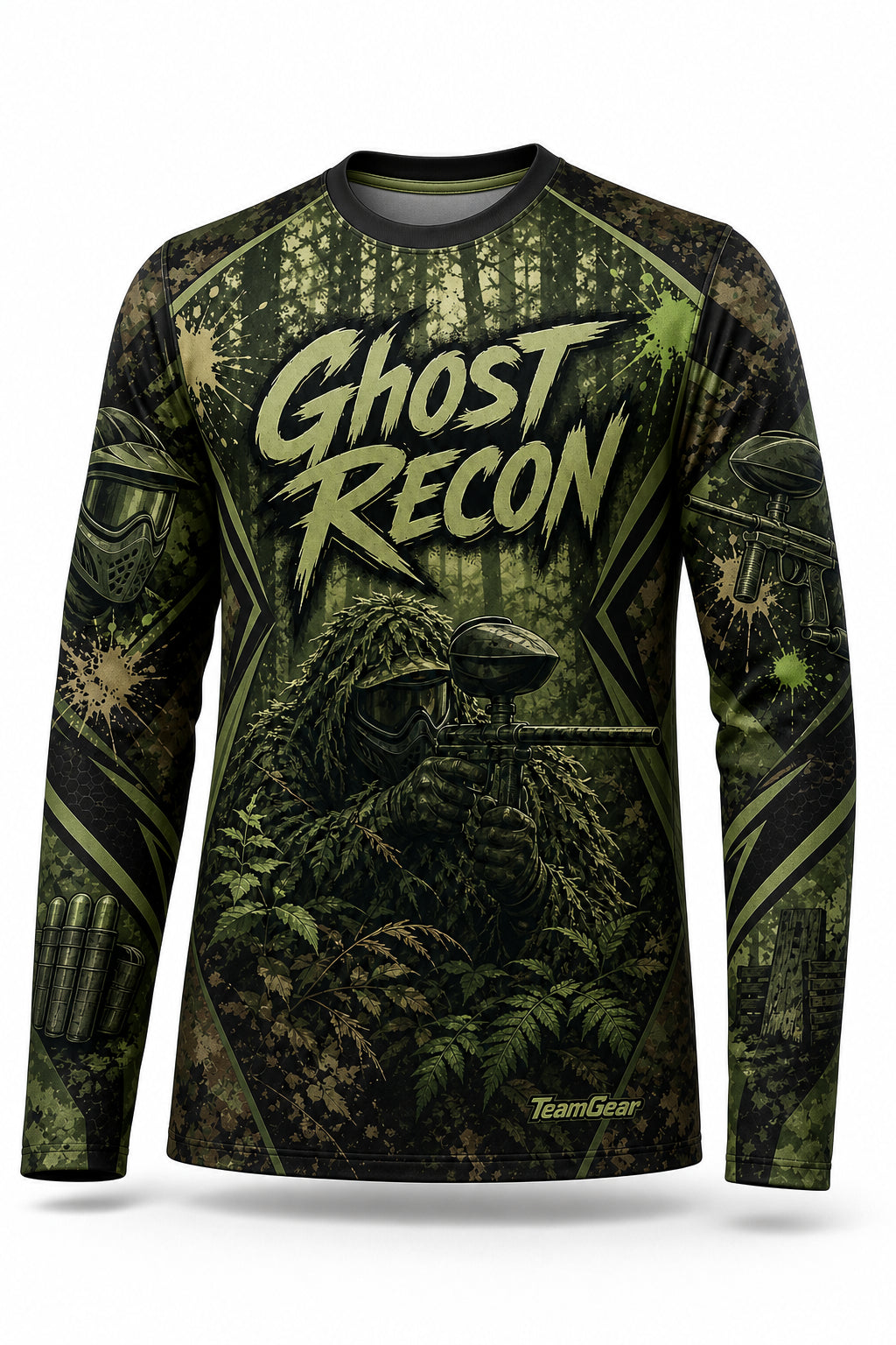 Ghost Recon Green Long Sleeve Paintball Jersey - front and back view