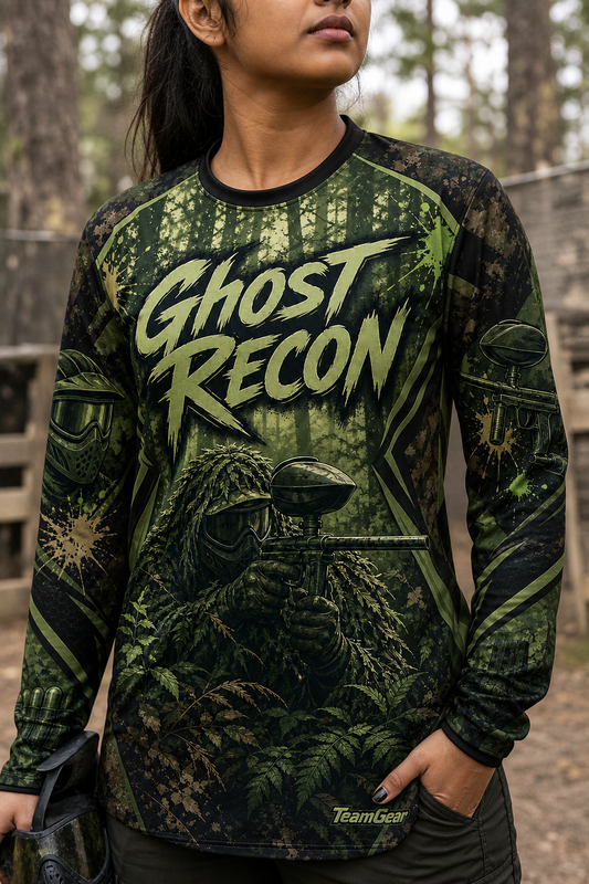 Ghost Recon Green Long Sleeve Paintball Jersey — custom paintball jersey worn on model — TeamGear Canada