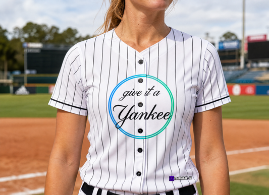 Give It A Yankee Baseball Jersey Full Button — custom baseball jersey worn on model — TeamGear Canada