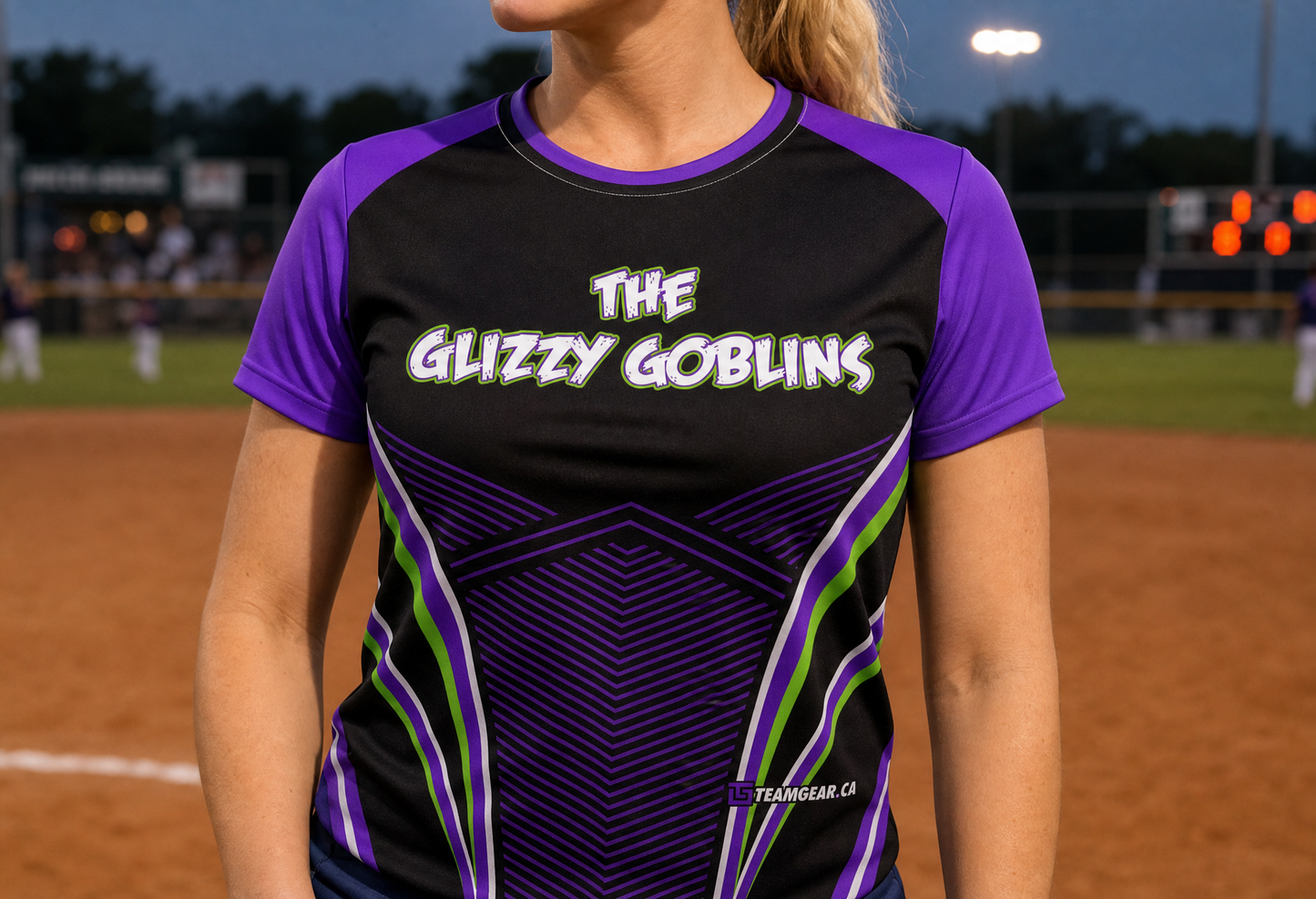 Glizzy Goblins Purple Softball Jersey — custom softball jersey worn on model — TeamGear Canada