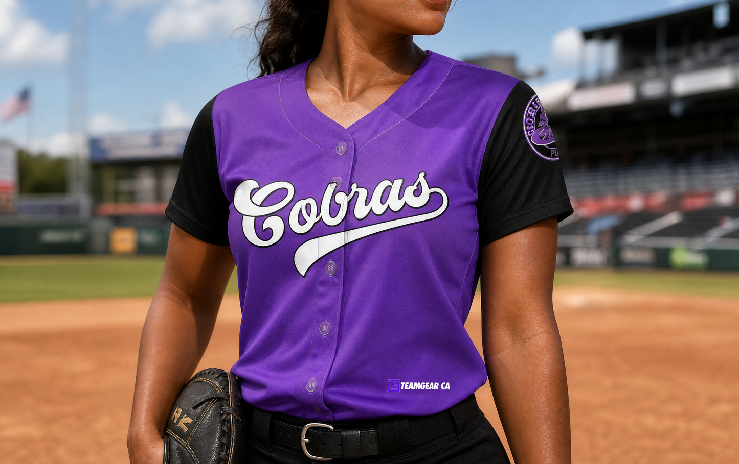 Globo Gym Purple Cobras Baseball Jersey Full Button — custom baseball jersey worn on model — TeamGear Canada