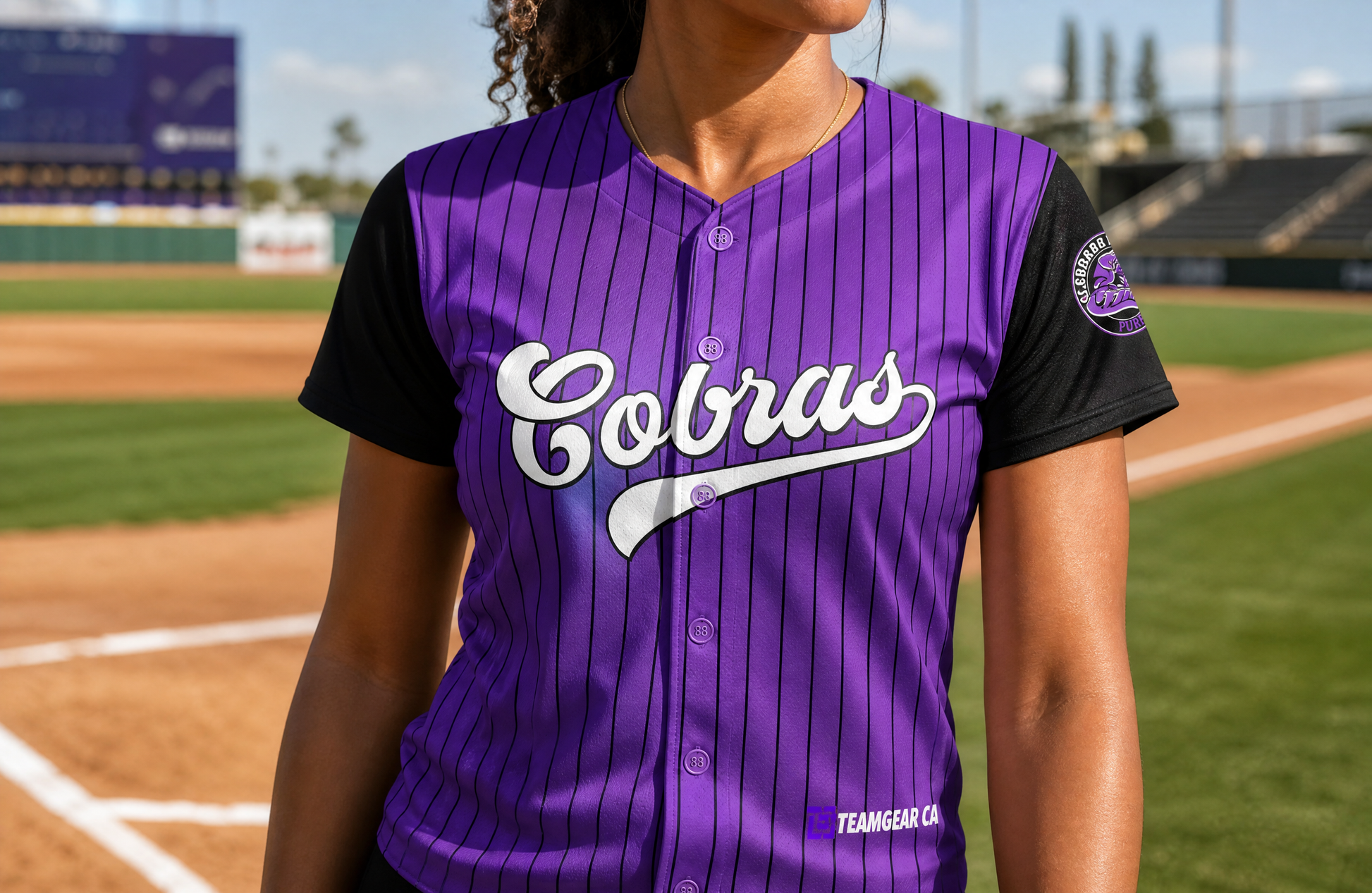 Globo Gym Purple Cobras Pinstripe Baseball Jersey Full Button — custom baseball jersey worn on model — TeamGear Canada