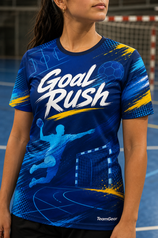 Goal Rush Blue Handball Jersey — custom handball jersey worn on model — TeamGear Canada