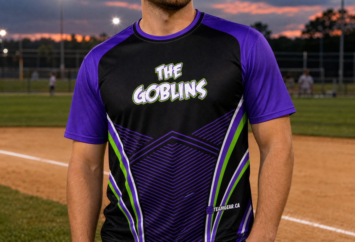 Goblins Purple Softball Jersey — custom softball jersey worn on model — TeamGear Canada