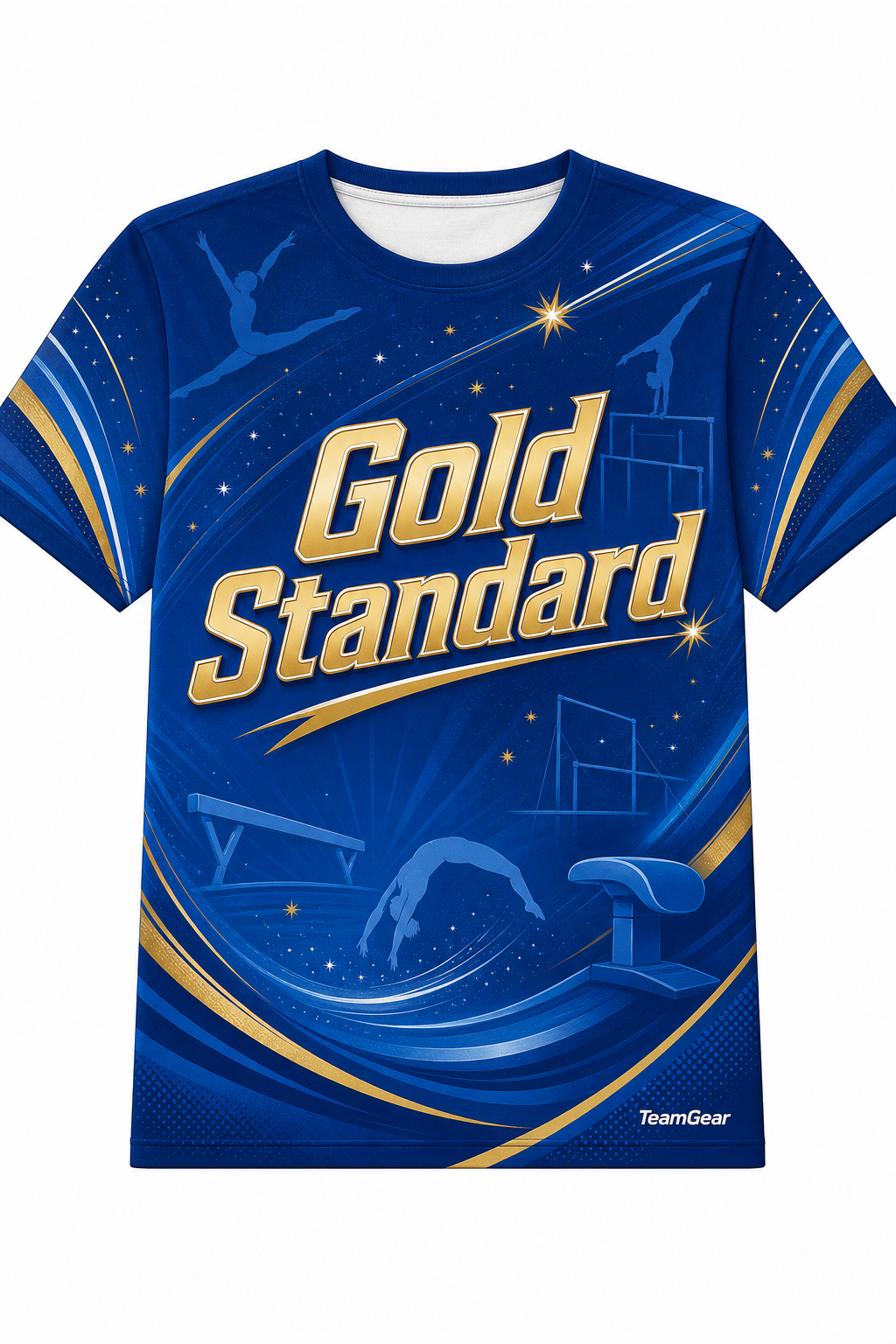 Gold Standard Blue Gymnastics Jersey with name and number