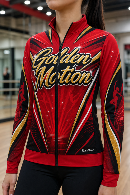 Golden Motion Red Dance Jacket — custom dance jacket worn on model — TeamGear Canada
